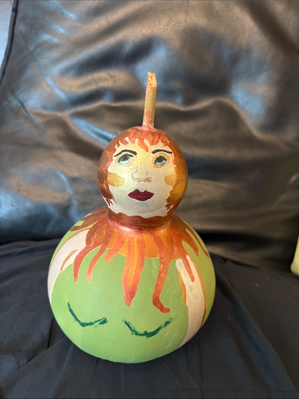 Hand-Painted Green and Orange Decorative Gourd Sculpture Gourd Art Folk Art
